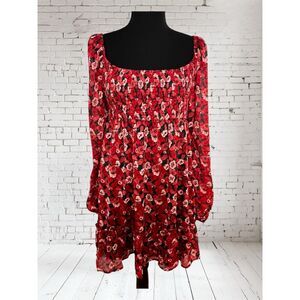 Row A Nordstrom NEW Smocked Women's M Floral Long Sleeve Mini Dress Red Boho